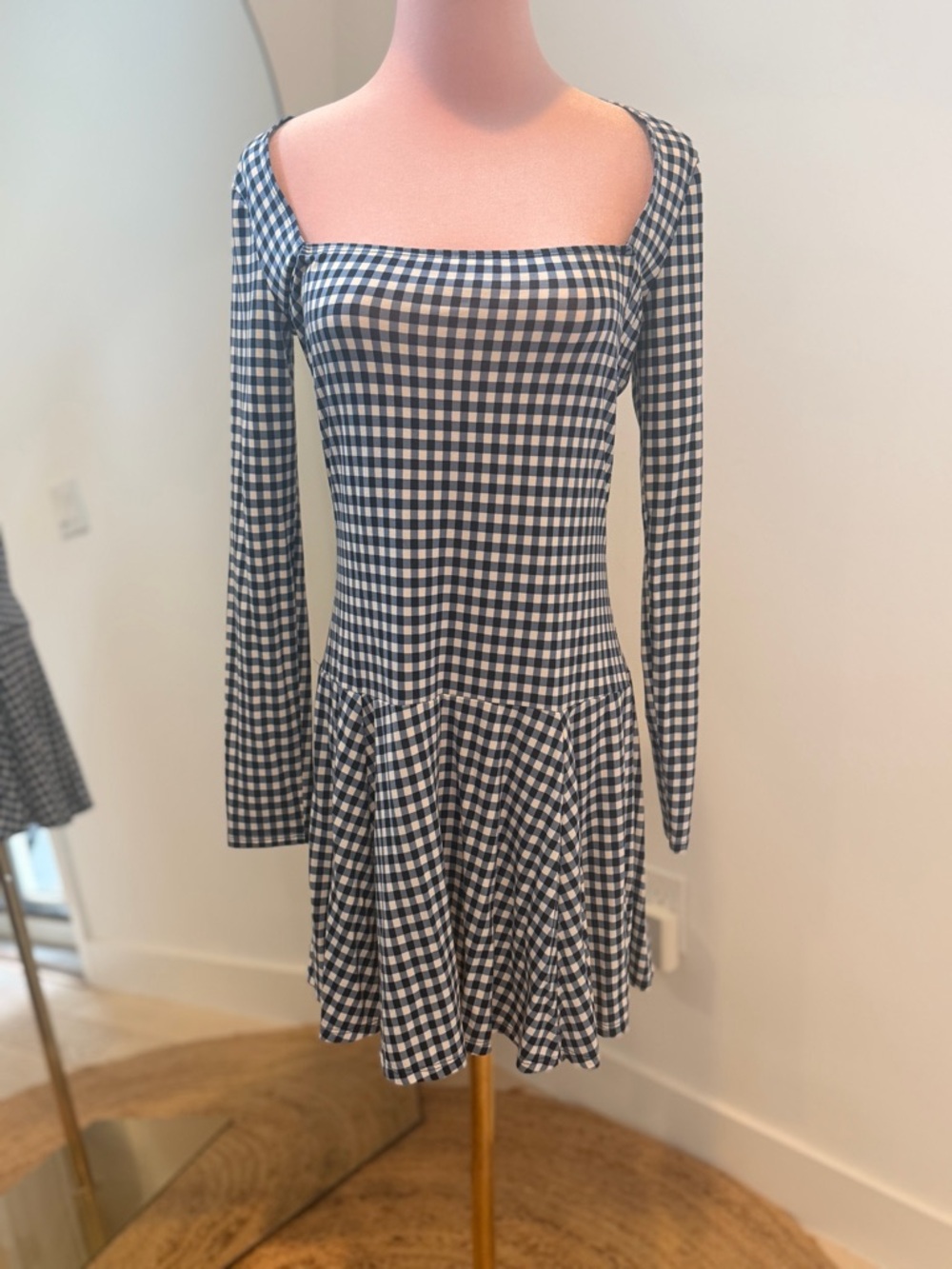 Reformation Blue and White Gingham Square-Neck Long Sleeve Dress
